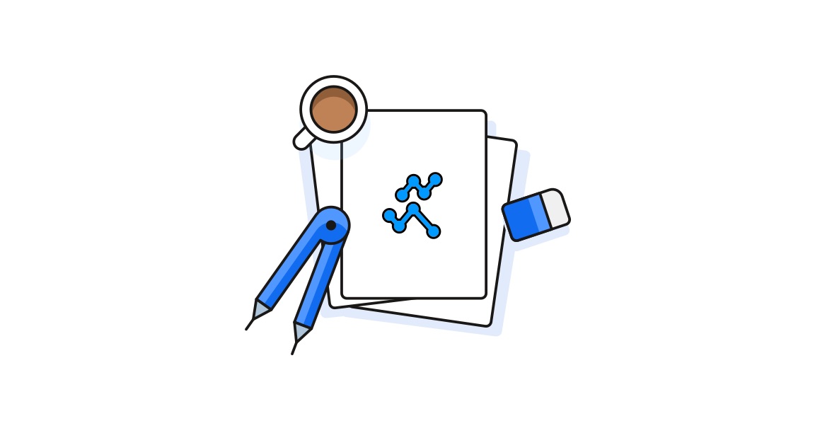 Illustration of papers, color palette, and coffee cup